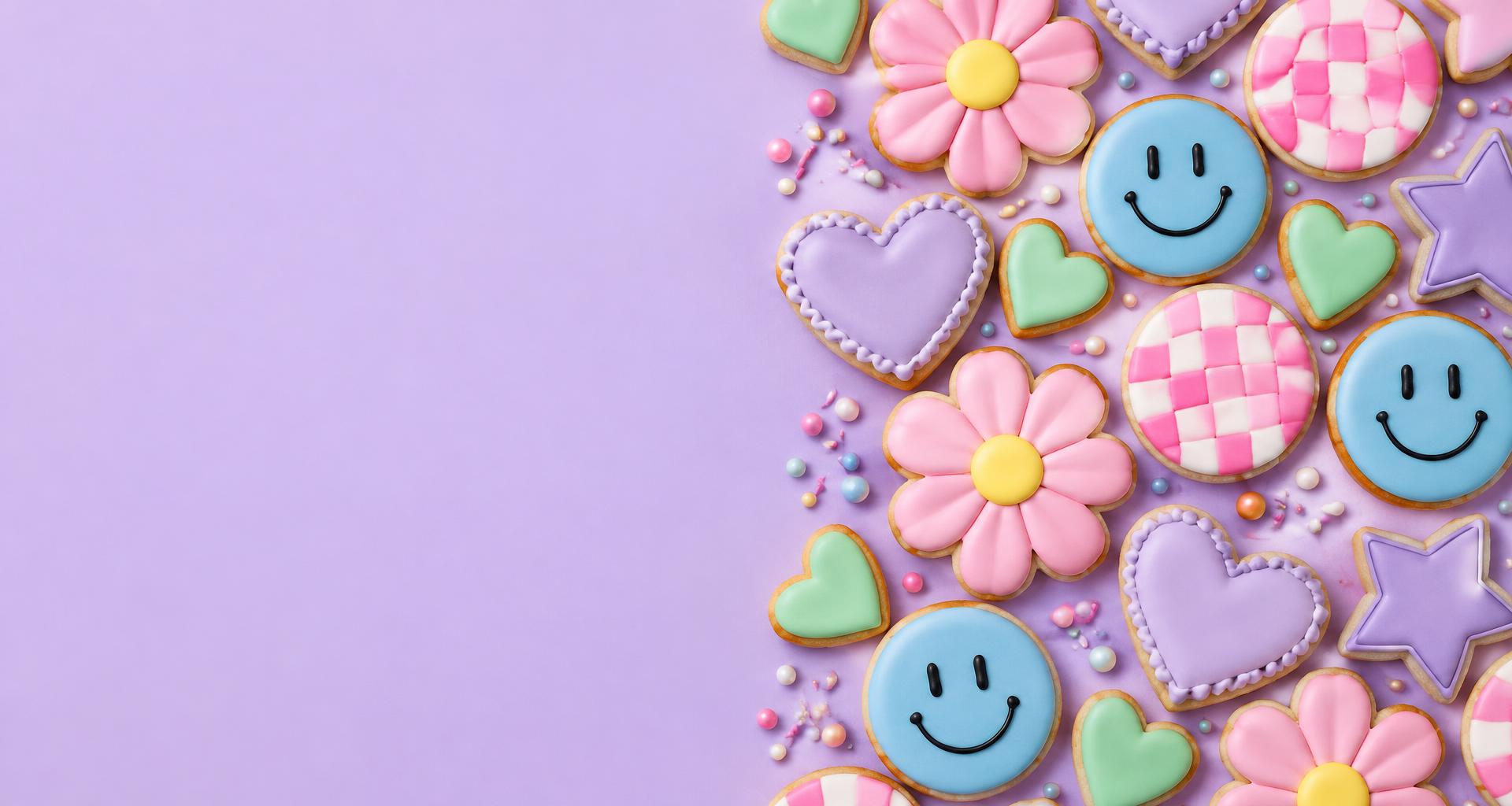 Pastel iced sugar cookies with flowers, hearts and smiley faces — concept imagery